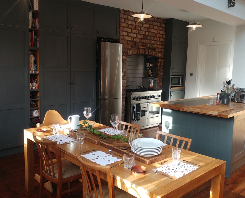 Farrow and Ball Downpipe spray painted kitchen